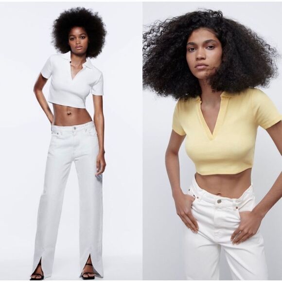 Zara Ribbed Cropped Polo Top size S - Picture 10 of 10